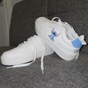 White Sneakers with Blue Cartoon Design